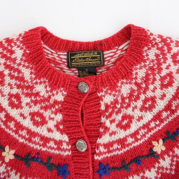 Vintage 80s Eddie Bauer Red with Winter Design 100% Wool Button Up Cardigan Smal - Picture 13 of 15